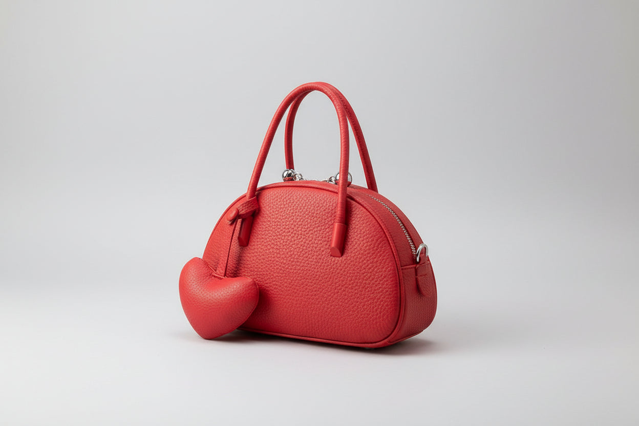 Red handbag with a unique design held by a person against a neutral background