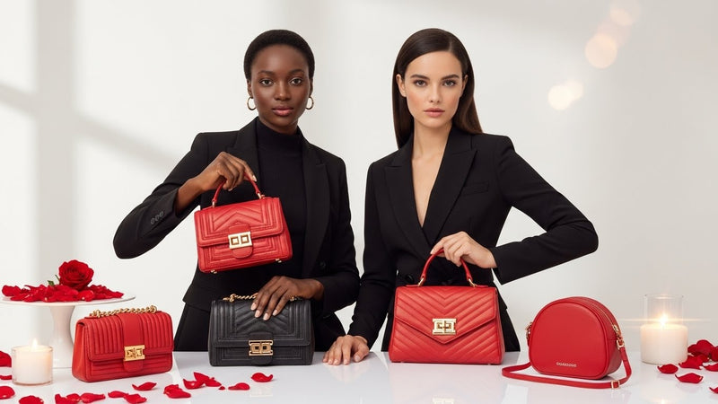 Two women holding red handbags with a white background and decorative elements.