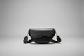 Black handbag held by a person with a box in the background