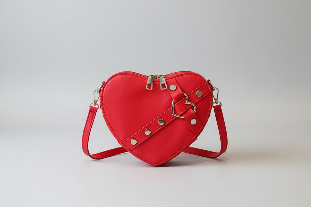 Red heart-shaped handbag held by a person with a book and brown paper bag in the background.